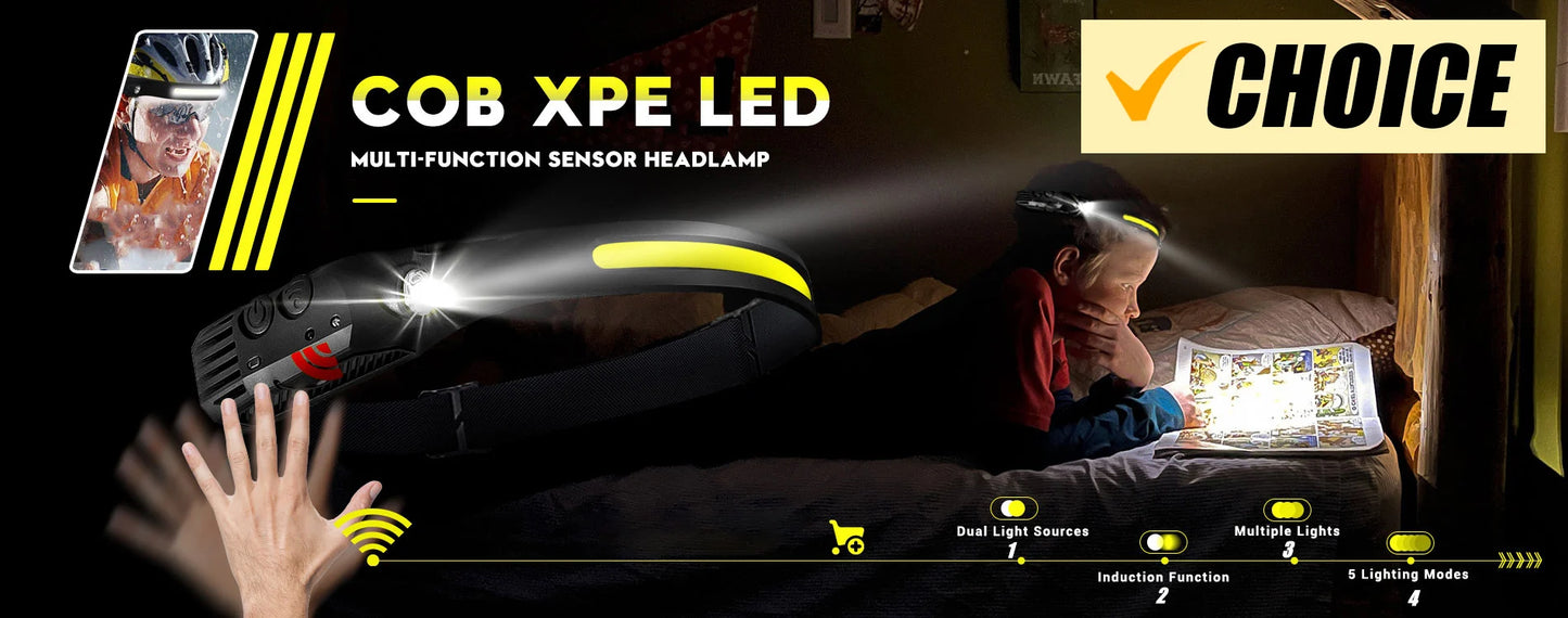 Lampe frontale à LED rechargeable par USB avec capteur XPE + COB, lampe frontale à LED pour camping, recherche, lampe torche pour lanterne de pêche 