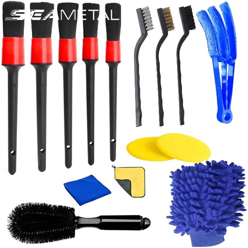 SEAMETAL 13/15pcs Car Detailing Cleaning Kit Car Washing Brushes Sponges Towels for Car Air Vents Rim Clean Dirt Dust Wash Tools