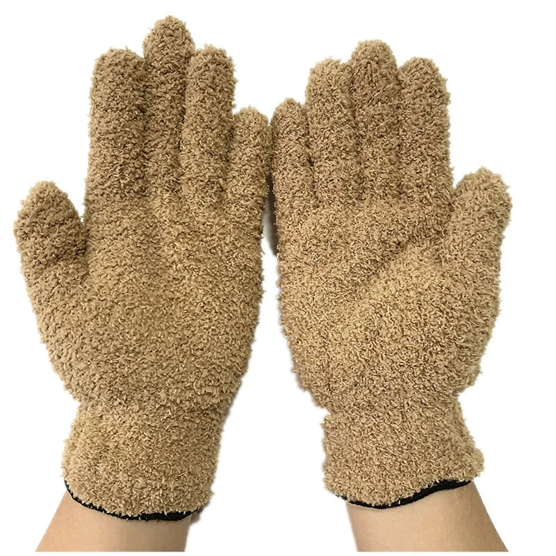 1Pair Cleaning Gloves Microfiber Coral Fleece Car Grooming Gloves Solid Five Finger Dust Removal Housework Absorbent Gloves