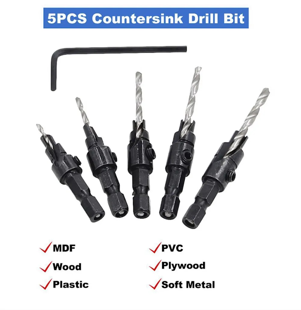 5PCS Woodworking Countersunk Head Drill And Chamfering One Piece Hexagonal Handle Countersunk Fried Dough Twist Drill