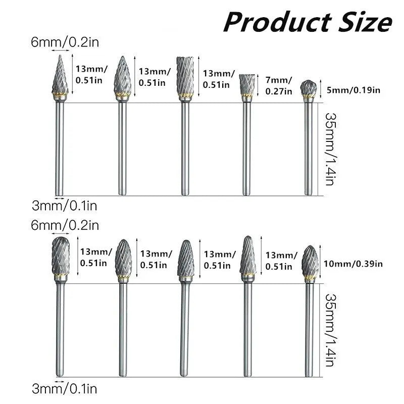 10pcs Carbide Burr Set, Hard Alloy Tungsten Steel Double Cut Rotary File Milling Cutter Head, Woodworking Grinding Carvin