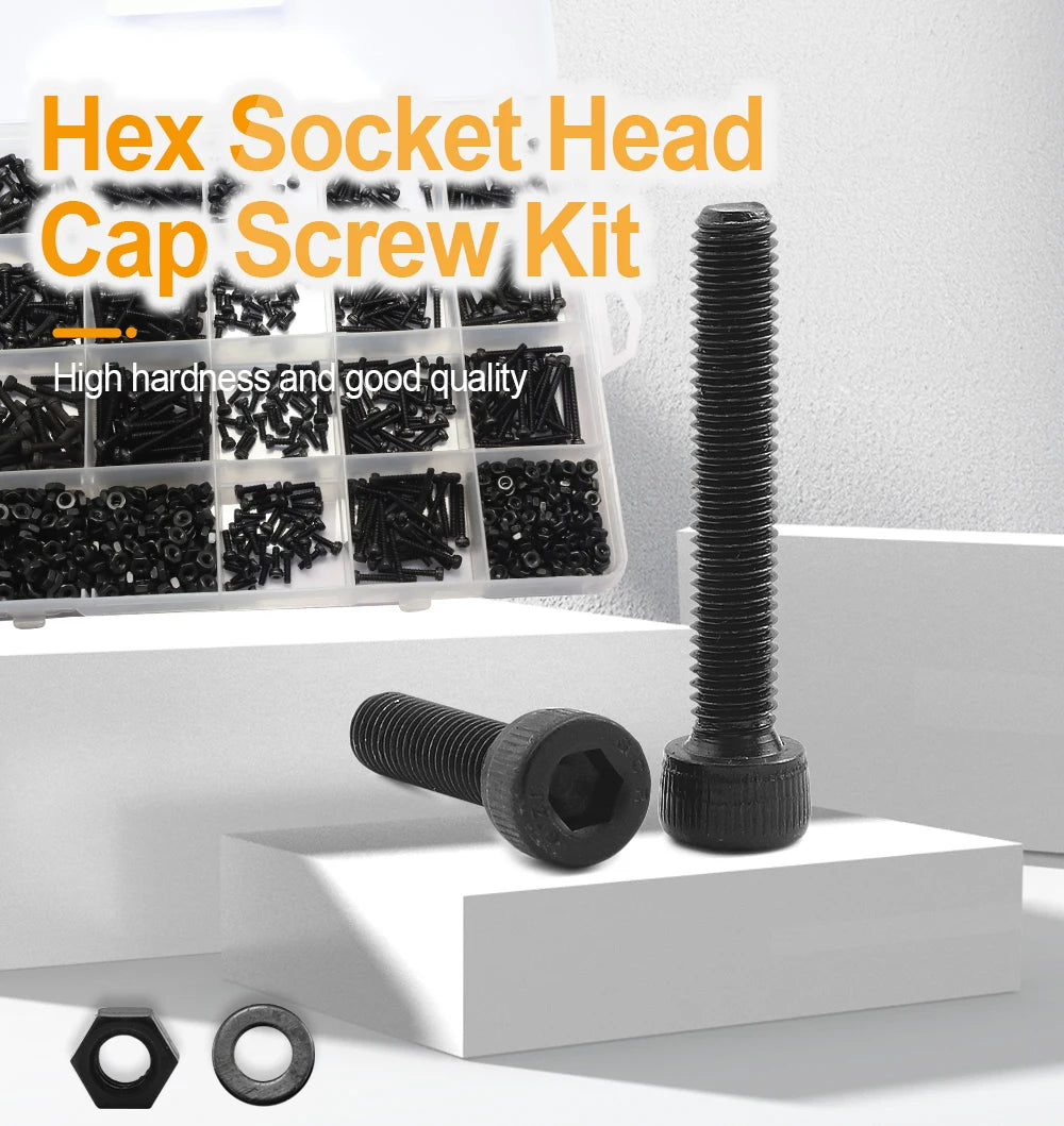 JUIDINTO Hex Socket Cap Head Screw Nut Assortment Kit M2 M2.5 M3 M4 M5 M6 12.9 Grade Allen Head Bolt and Nut with Washer Hex Key