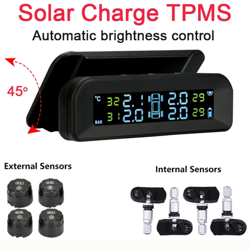 Système de surveillance de la pression des pneus TPMS de voiture intelligente, horloge numérique solaire, écran LCD, système d'alarme de sécurité de la pression des pneus de voiture 