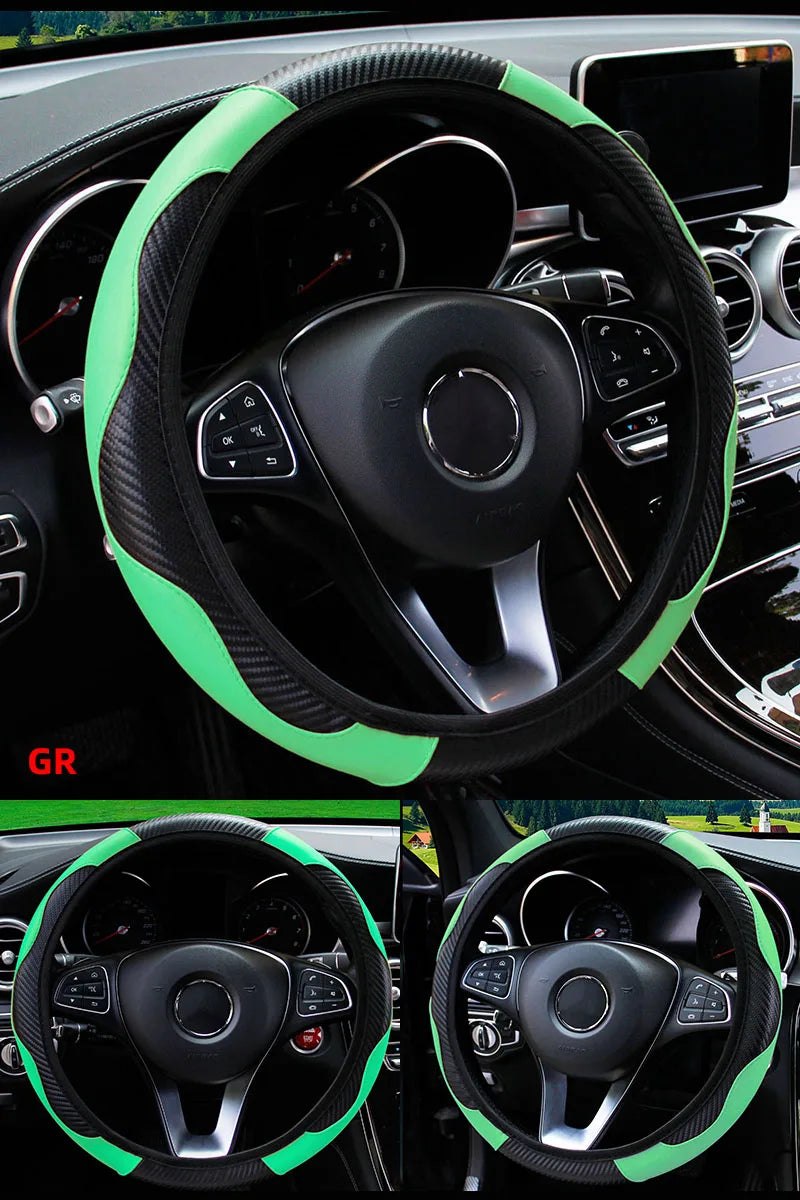 Car Steering Wheel Cover Breathable Anti Slip PU Leather Steering Covers Suitable 37-38.5cm Auto Decoration Carbon Fiber