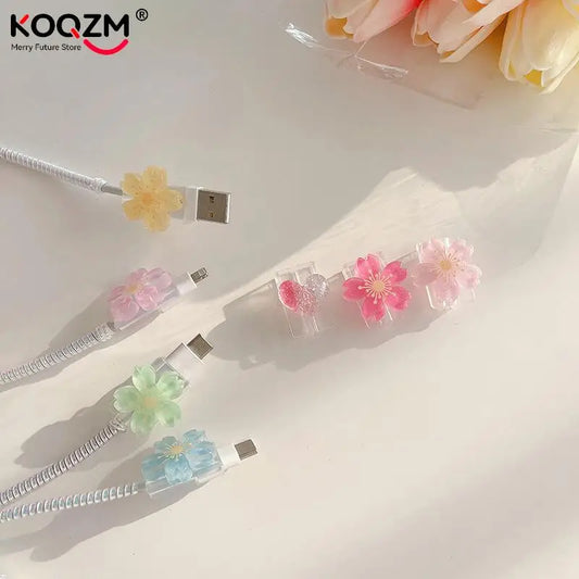 Flowers Charger Protector Cable  For Iphone 13 Type-C Cable Android Data Line Cover Organizer Cable Protector Cute Universal