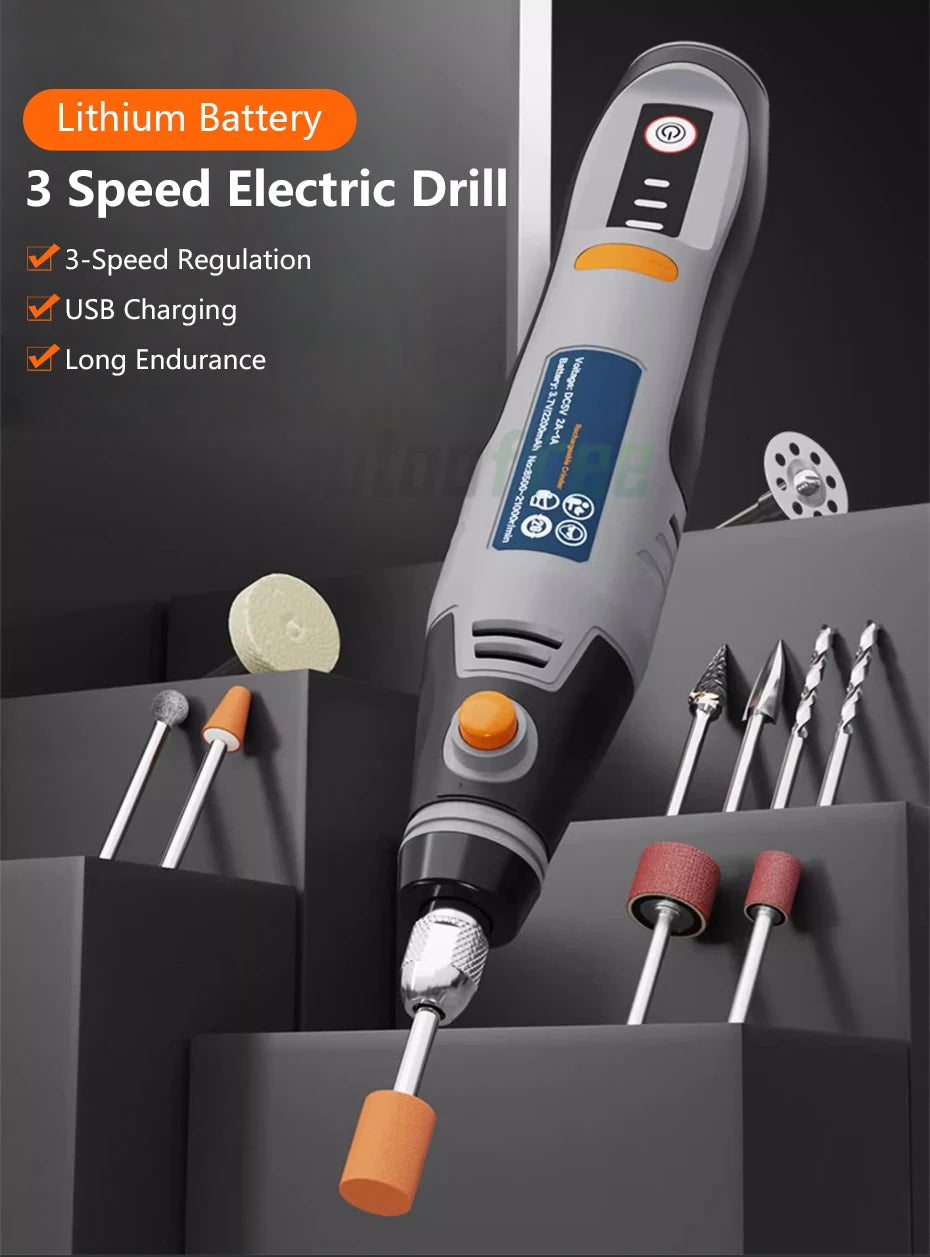 USB Cordless Rotary Tool Dremel Drill Engraving Pen Electric 3 Speed Mini Wireless Drill with Accessories Set 8500r-21000rpm