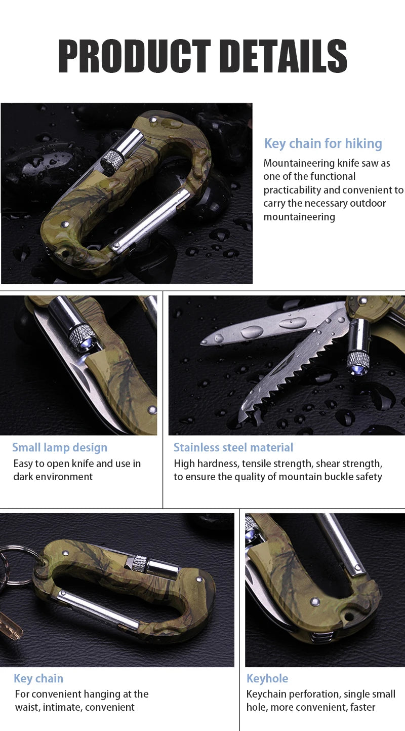 Outdoor Edc Multi Tool Tactical Camo Camping Climbing Carabiner Parachuting Hook Knife Led Mountaineering Buckle