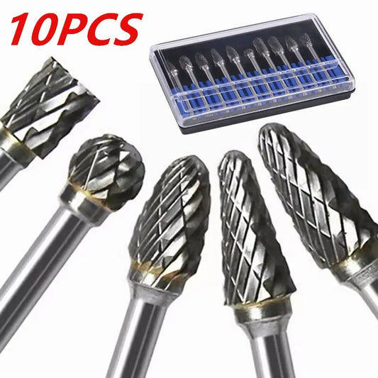 10pcs Carbide Burr Set, Hard Alloy Tungsten Steel Double Cut Rotary File Milling Cutter Head, Woodworking Grinding Carvin - ToolFlx