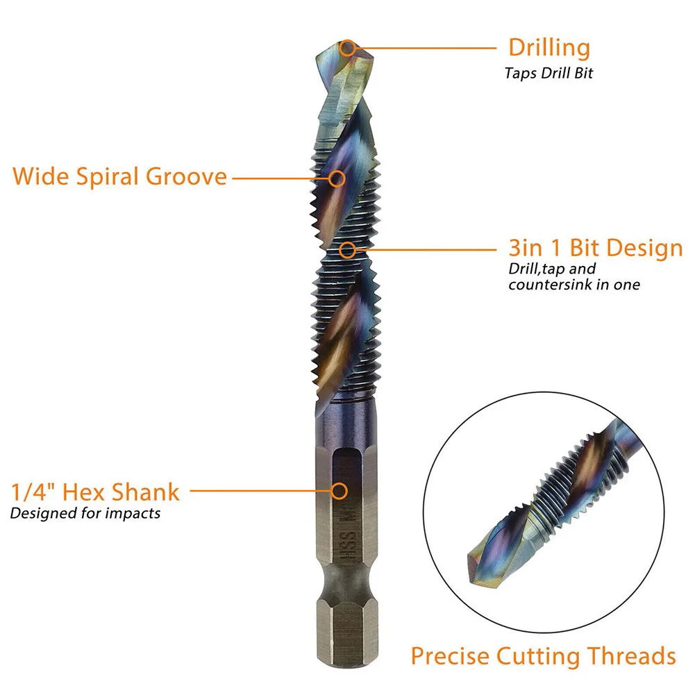 12Pcs HSS 1/4" Hex Shank Titanium Coated Screw Thread Metric Tap Drill Bits Set M5 M6 M8 M10 Combination Bit Hand Tools