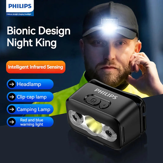 PHILIPS LED-Stirnlampe mit Sensorkopf, Taschenlampe, zehn Beleuchtungsarten, Typ C, wiederaufladbarer Scheinwerfer, Outdoor-Camping-Angellaterne 