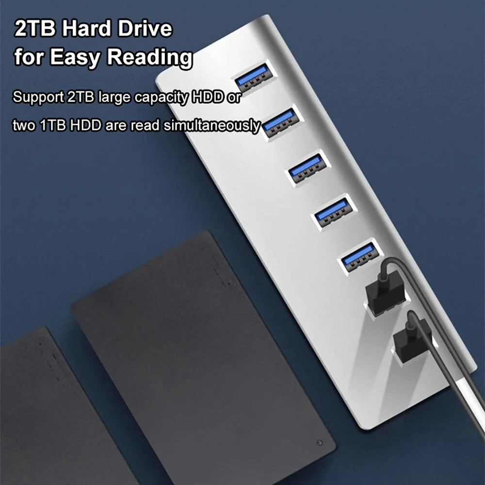 USB 3.0 HUB aus Aluminiumlegierung, 7 Anschlüsse, Hochgeschwindigkeits-Multi-Splitter-Adapter, bis zu 5 Gbit/s, Dockingstation-Expander für Laptop-Computer-PC