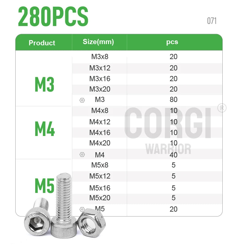 M2 M2.5 M3 M4 M5 M6 Hex Socket Head Cap Set Allen Screw Kit 126-1080P DIN912 304 Stainless Steel Screw Nut Bolt Assortment Set