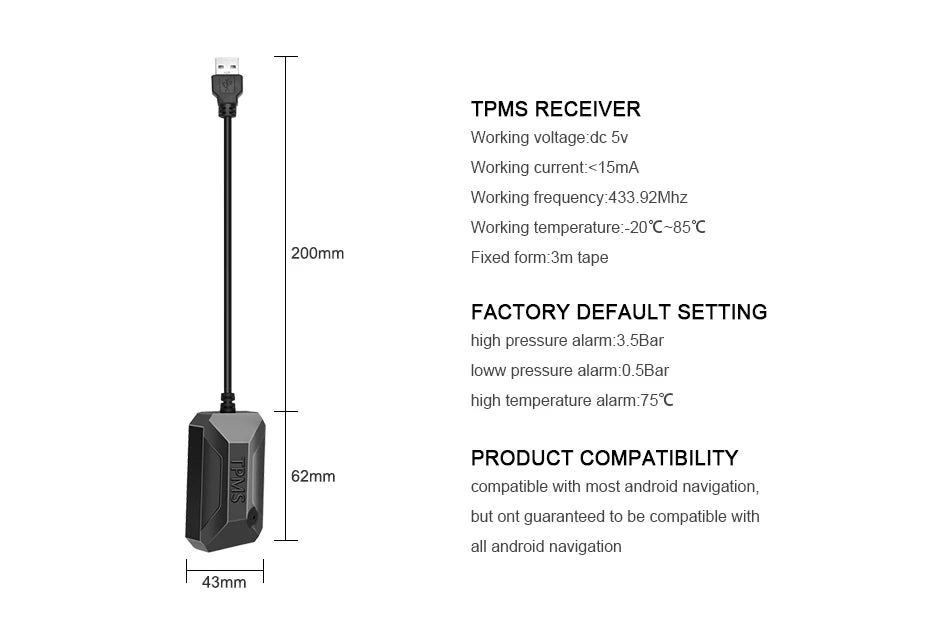 ACCEO Android TPMS pour autoradio lecteur DVD système de surveillance de la pression des pneus alarme de sécurité prolonger la durée de vie des pneus 