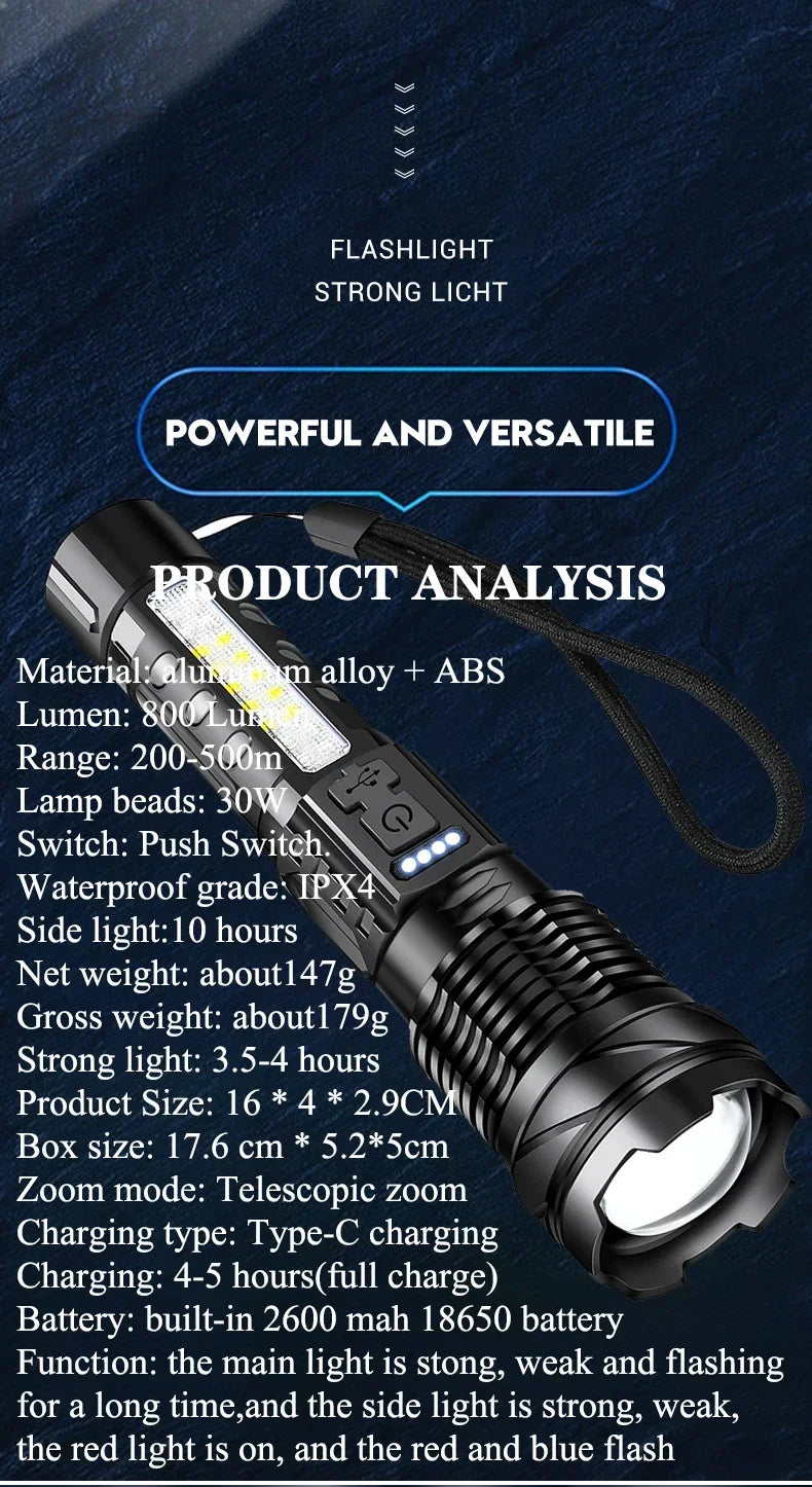 30W P50 COB Strong Light Flashlight Portable Rechargeable Bright Household LED Lamp Built in Battery with Power Display