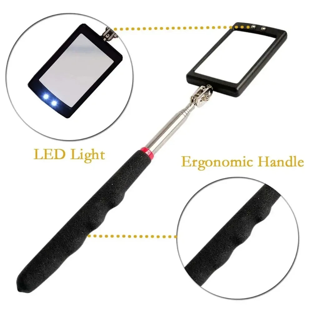 360° Inspection Mirror LED Light Telescoping Mirrors Extend Mechanic Tools Inspection Mirror Telescopic Handle Repairing Tools