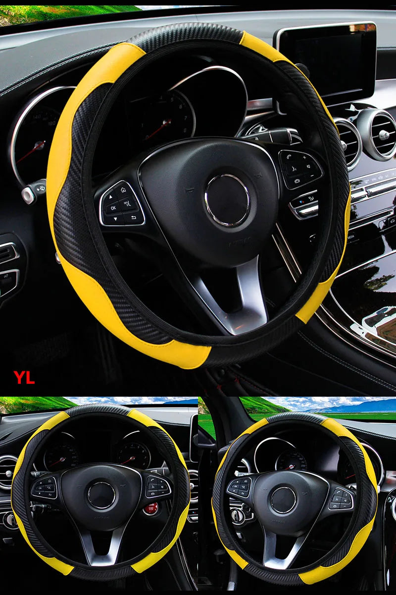 Car Steering Wheel Cover Breathable Anti Slip PU Leather Steering Covers Suitable 37-38.5cm Auto Decoration Carbon Fiber