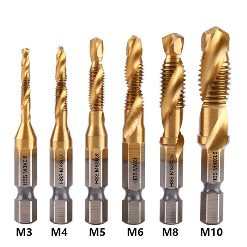 1/6Pcs Tap Drill Bit Set Hex Shank Titanium Plated HSS Screw Thread Bit Screw Machine Compound Tap M3 M4 M5 M6 M8 M10 Hand Tools