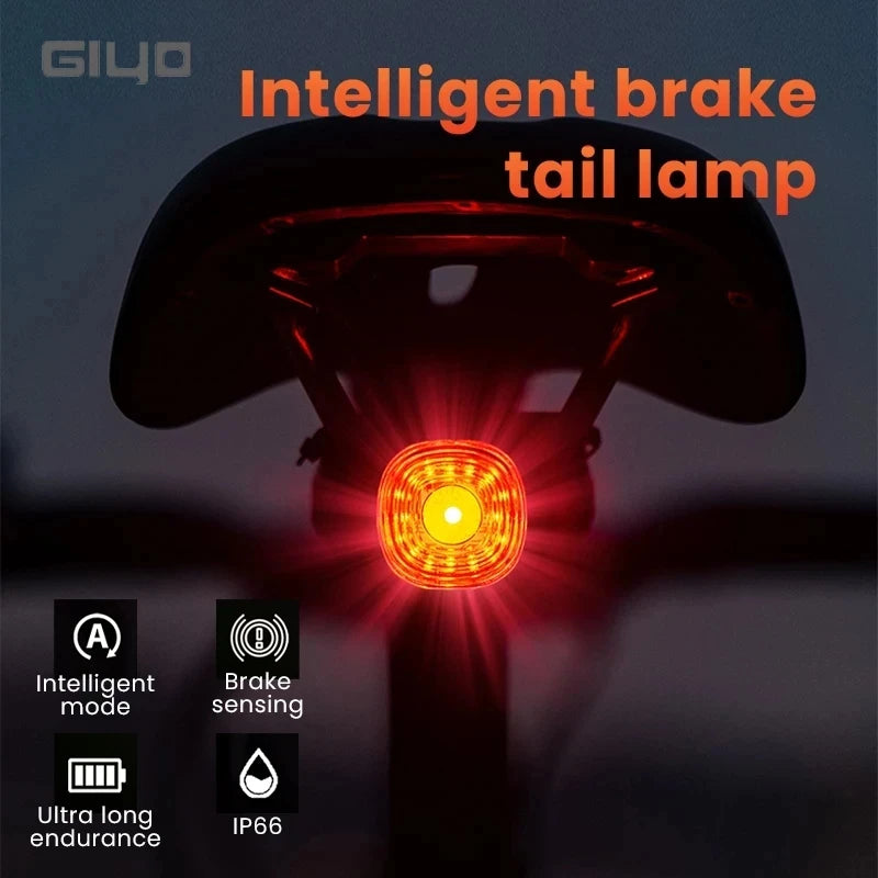 GIYO Intelligentes Fahrradbremsrücklicht IP66 Wasserdicht 6 Leuchtmodi Hohe Helligkeit Fahrradrücklicht LED-Rücklicht USB-Aufladung 