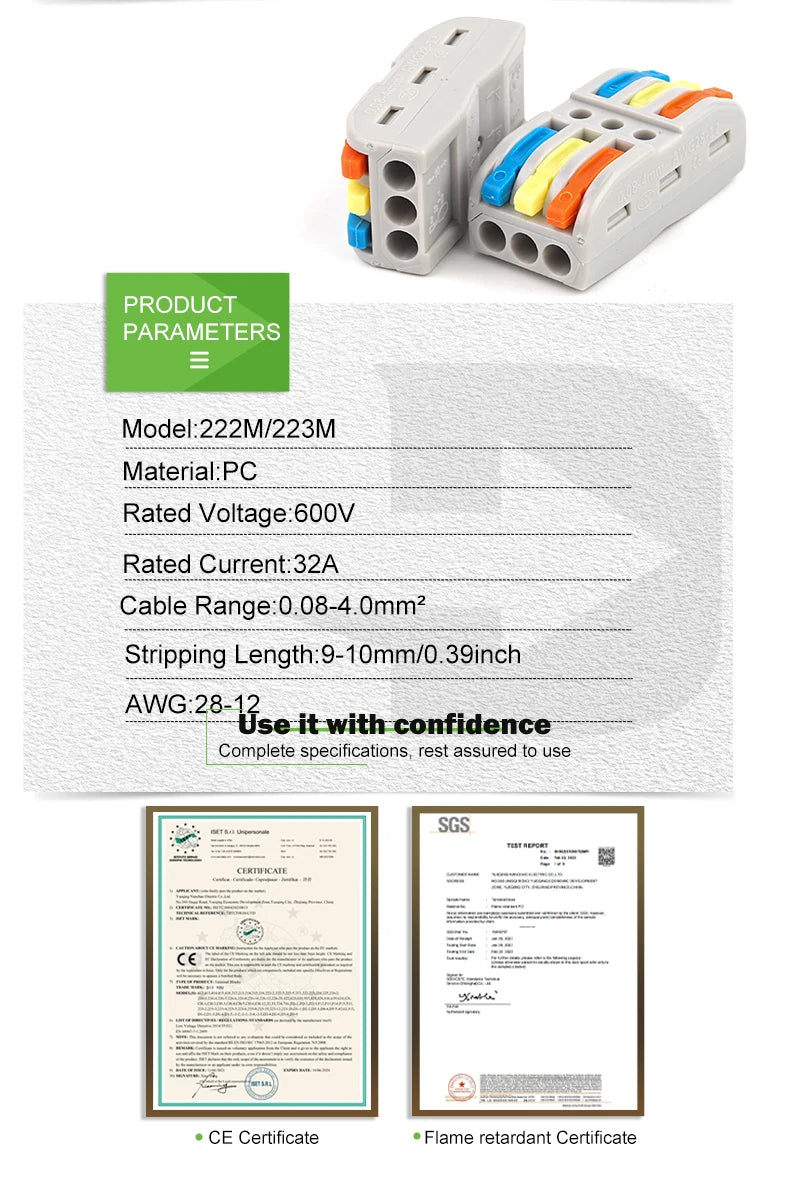 Quick Electrical Connectors Universal Compact Push-in Conductor SPL Splitter Wiring Cable Connector Butt Terminal Block AWG28-12