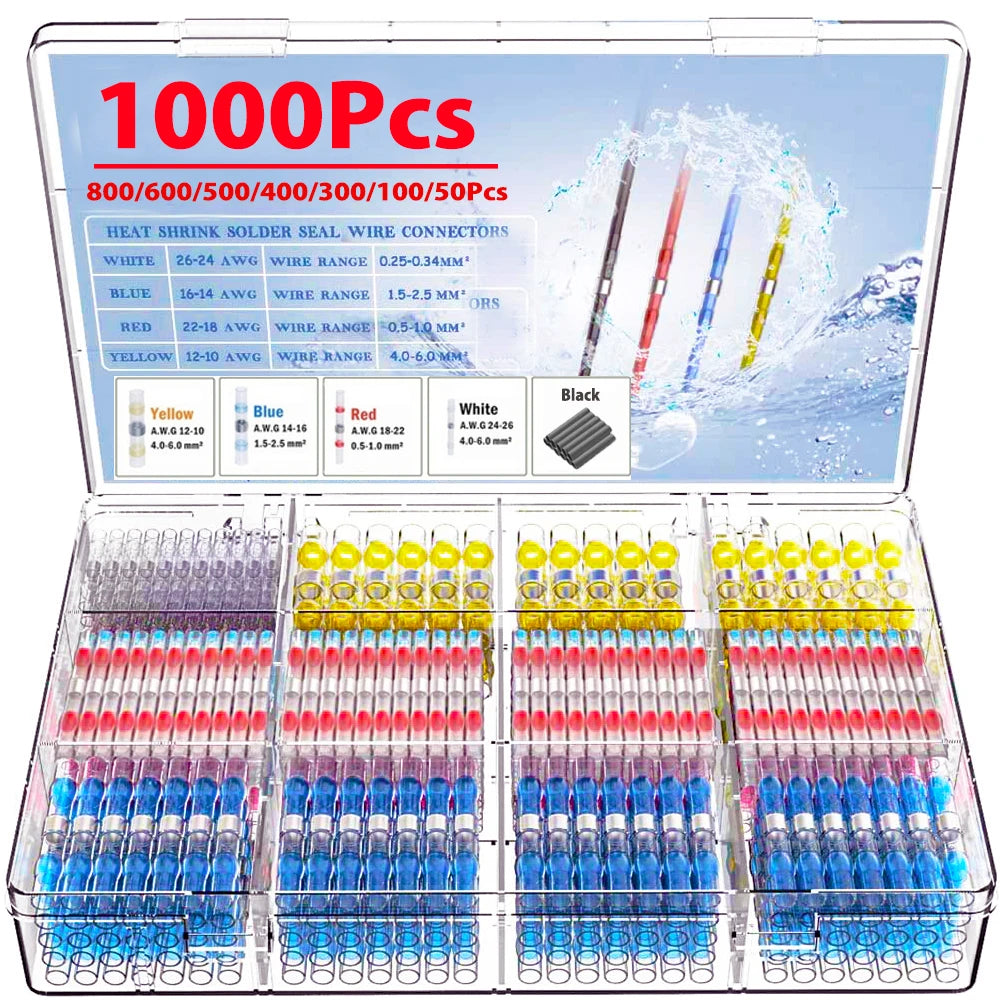 Lot de 50 à 1 000 connecteurs de fils à souder thermorétractables, connecteurs isolés bout à bout à souder, kit de connecteurs à souder pour automobile et marine 