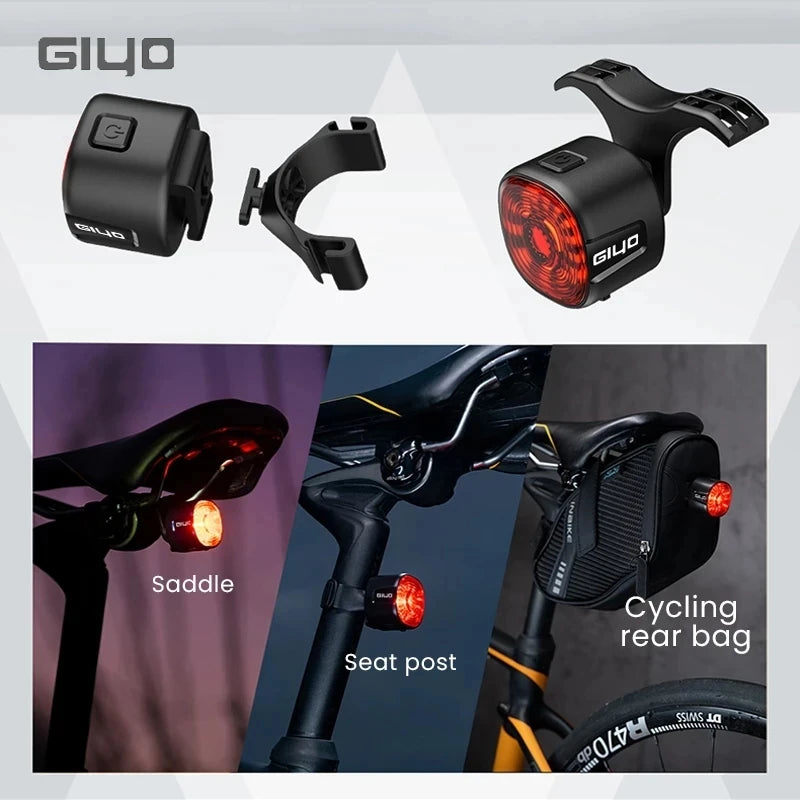 GIYO Intelligentes Fahrradbremsrücklicht IP66 Wasserdicht 6 Leuchtmodi Hohe Helligkeit Fahrradrücklicht LED-Rücklicht USB-Aufladung 