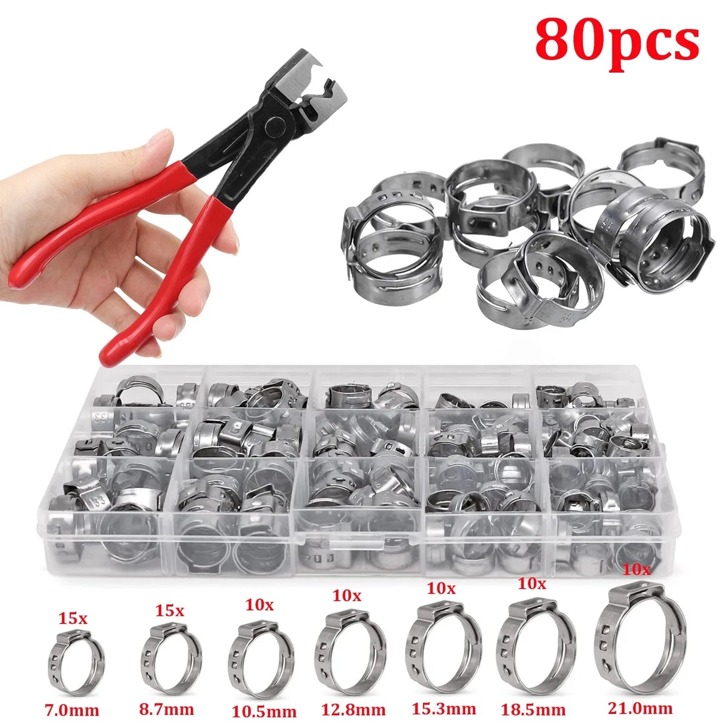 130/80pcs Single Ear Stepless Hose Clamps With a Hose Clip Clamp Pliers 7-21mm Stainless Steel Fuel Hose Clamps Cinch Clamp Ring