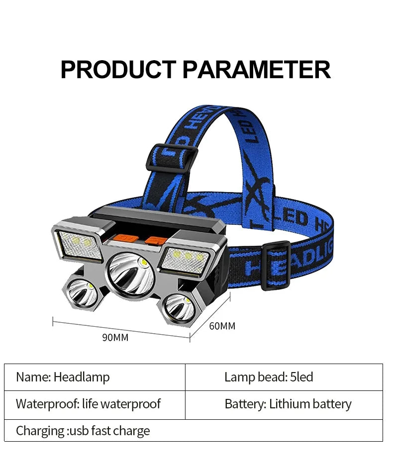 USB Aufladbare Stirnlampe Tragbarer 5LED-Scheinwerfer Eingebaute Batterie Taschenlampe Tragbares Arbeitslicht Angeln Camping Stirnlampe Für T 