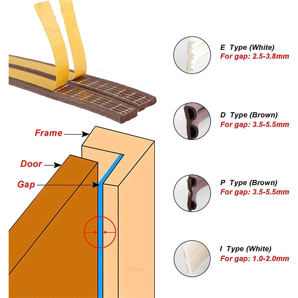 5M/10M Window Weather Strip DIEP Self-adhesive Acoustic Rubber Foam Seal Strip Tape Windproof Insulation Door Weatherstripping