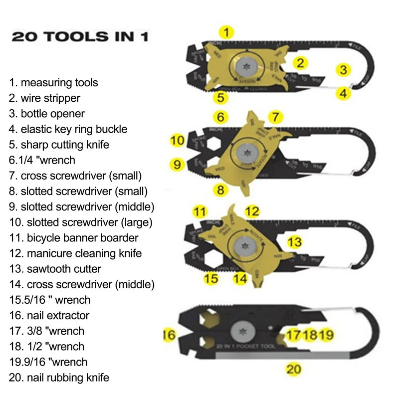 Tournevis de poche 20 en 1 pour extérieur, porte-clés multifonction, équipement portable, fixation multifonction, mousqueton, outil de camping 