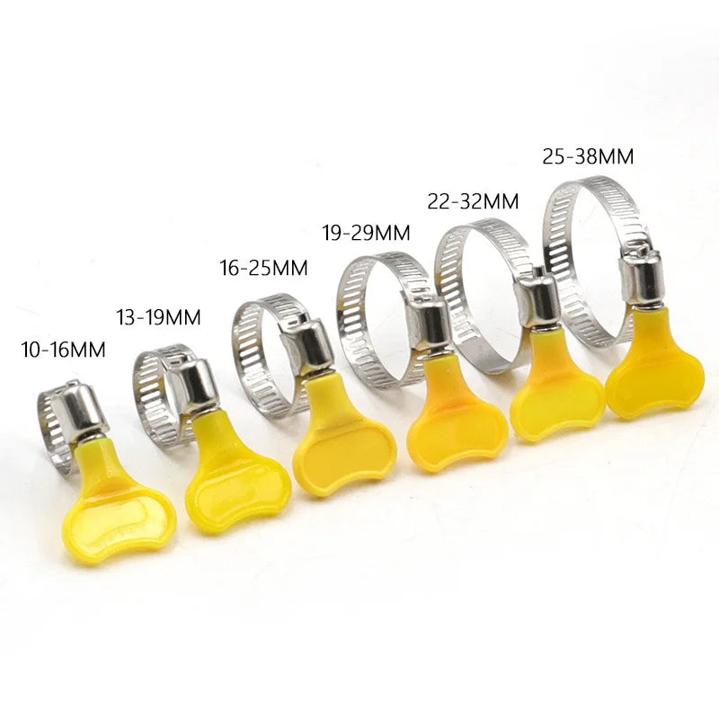 5 pcs 8-44mm Adjustable Yellow Plastic Handle Hand Twist Hose Clamps Worm Driving  201 Stainless steel Pipe Clips For Tube