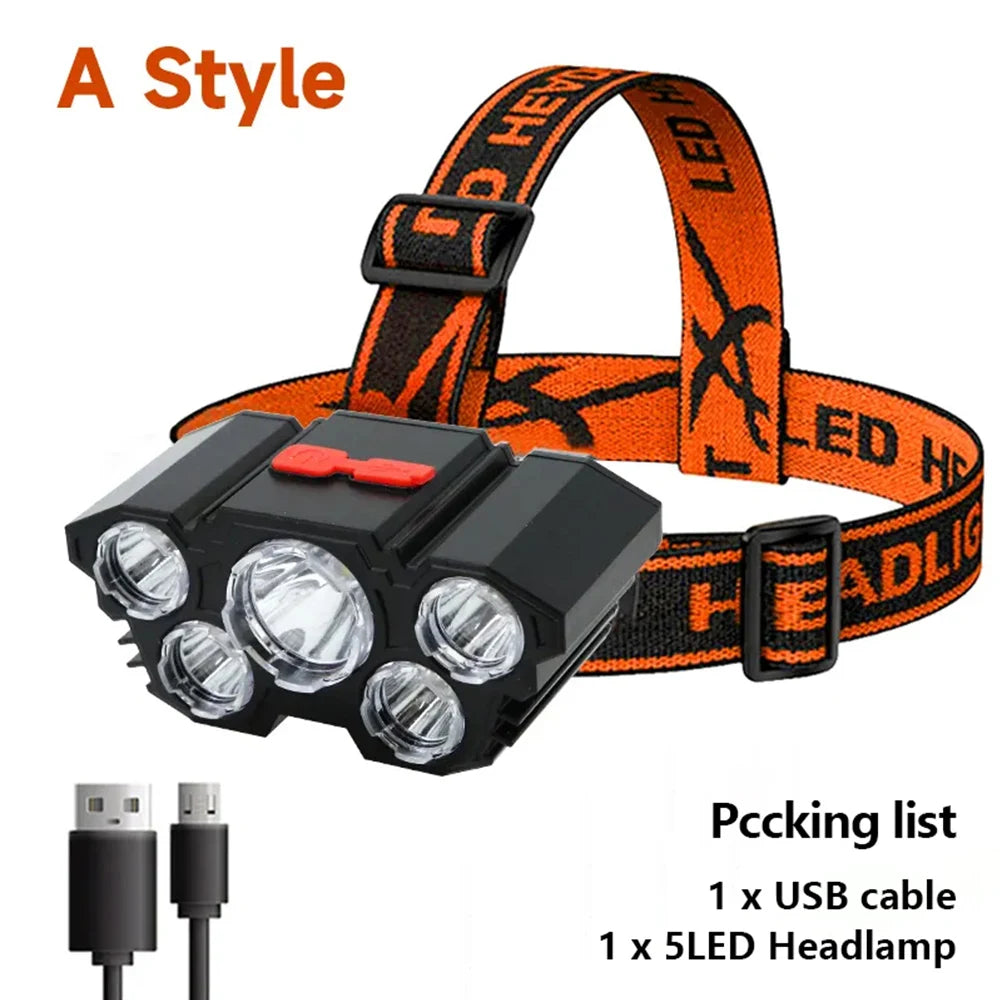 5 LED Flashlight Rechargeable with Built in 18650 Battery Strong Light Camping Adventure Fishing Head Light Headlamp