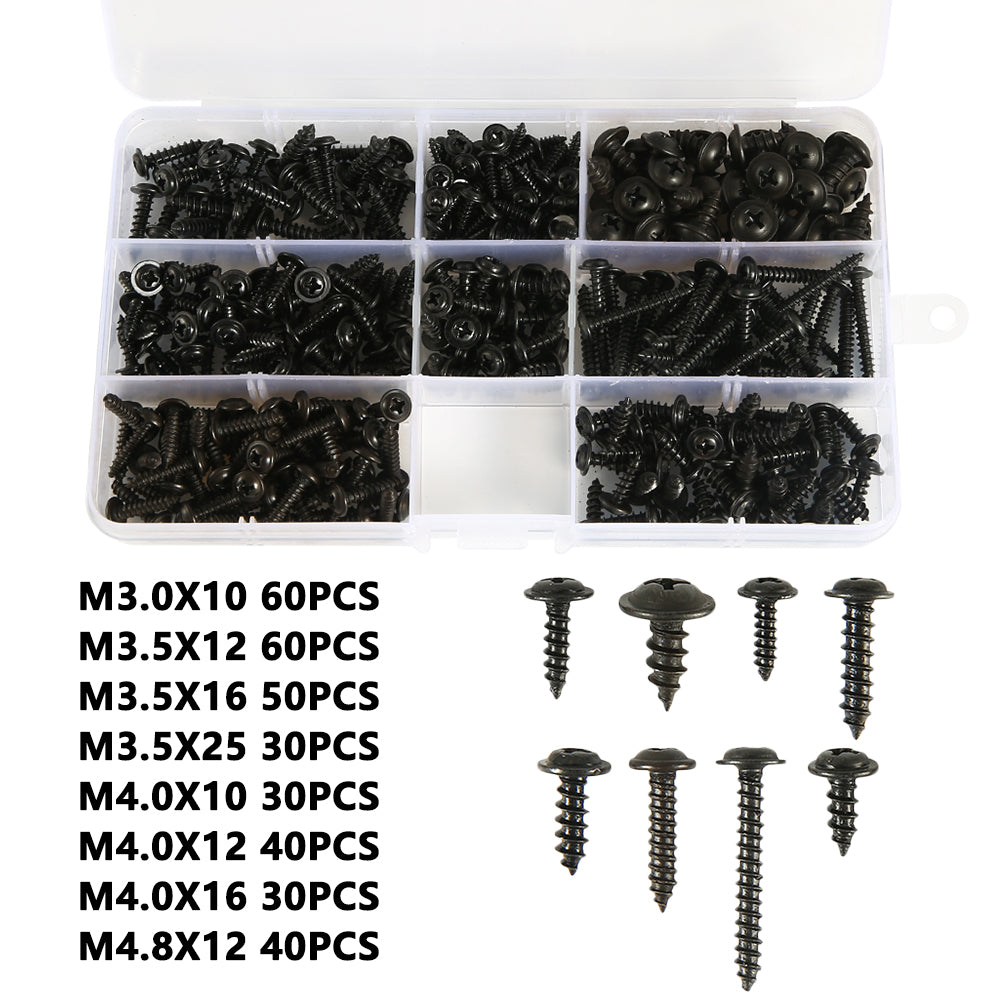 340/500pcs Pan Head Tapping Screw Cross Head M3/M4/M3.5/M4.8 Self Tapping Screw Set Assortment Kit Black Furniture Carbon Steel