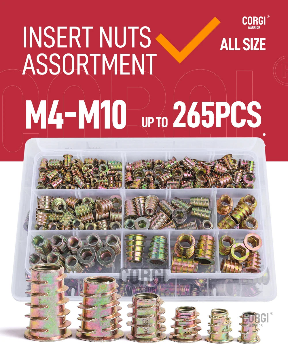 M4 M5 M6 M8 M10 Zinc Alloy Hex Socket Threaded Wood Insert Nuts Assortment Kit All Sizes Metric Furniture Bolt Screw Connector