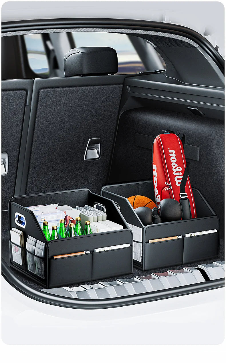 Car Trunk Organizer Storage Box PU Leather Vehicle Folding Collapsible Cargo Boot Organiser Box For SUV MPV Auto Seat Back Box