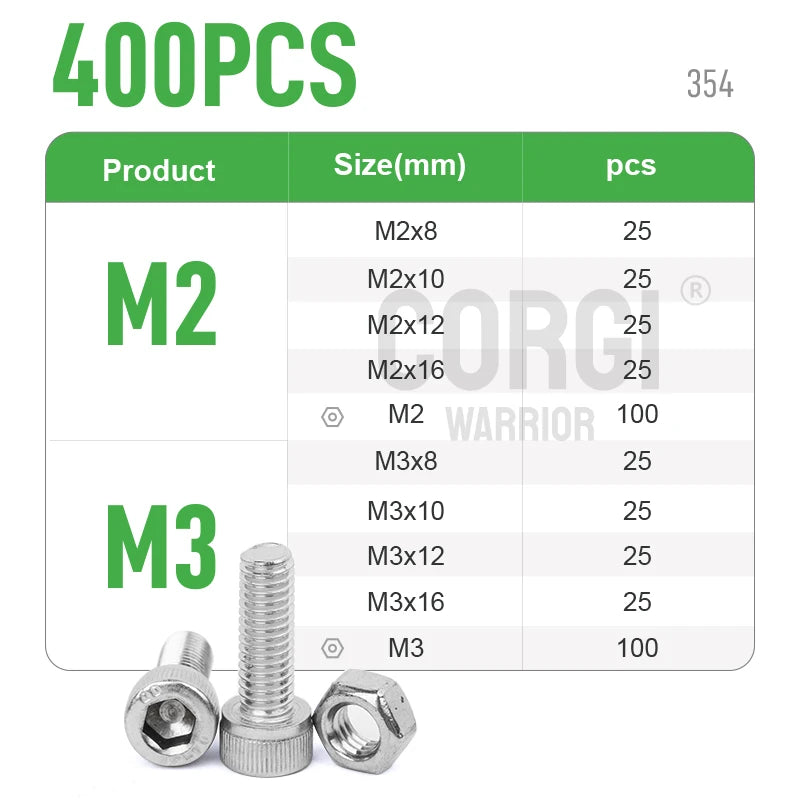 M2 M2.5 M3 M4 M5 M6 Hex Socket Head Cap Set Allen Screw Kit 126-1080P DIN912 304 Stainless Steel Screw Nut Bolt Assortment Set