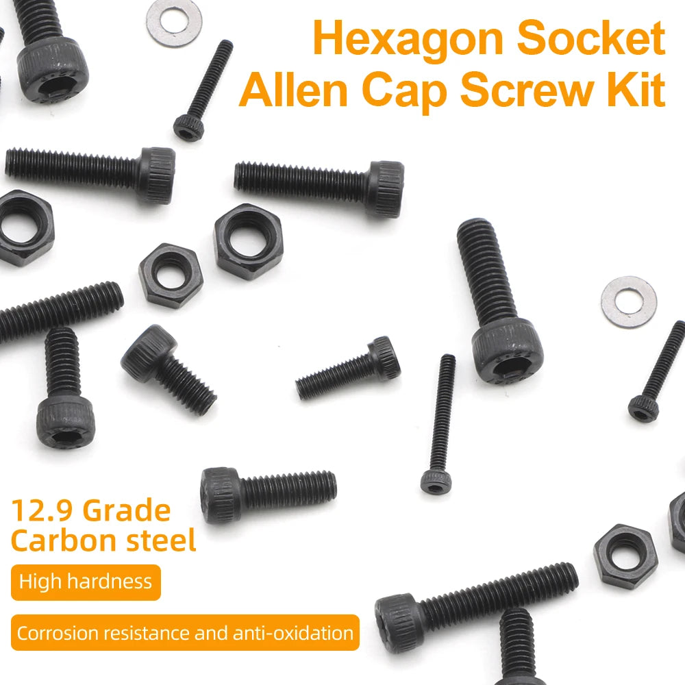 JUIDINTO Hex Socket Cap Head Screw Nut Assortment Kit M2 M2.5 M3 M4 M5 M6 12.9 Grade Allen Head Bolt and Nut with Washer Hex Key