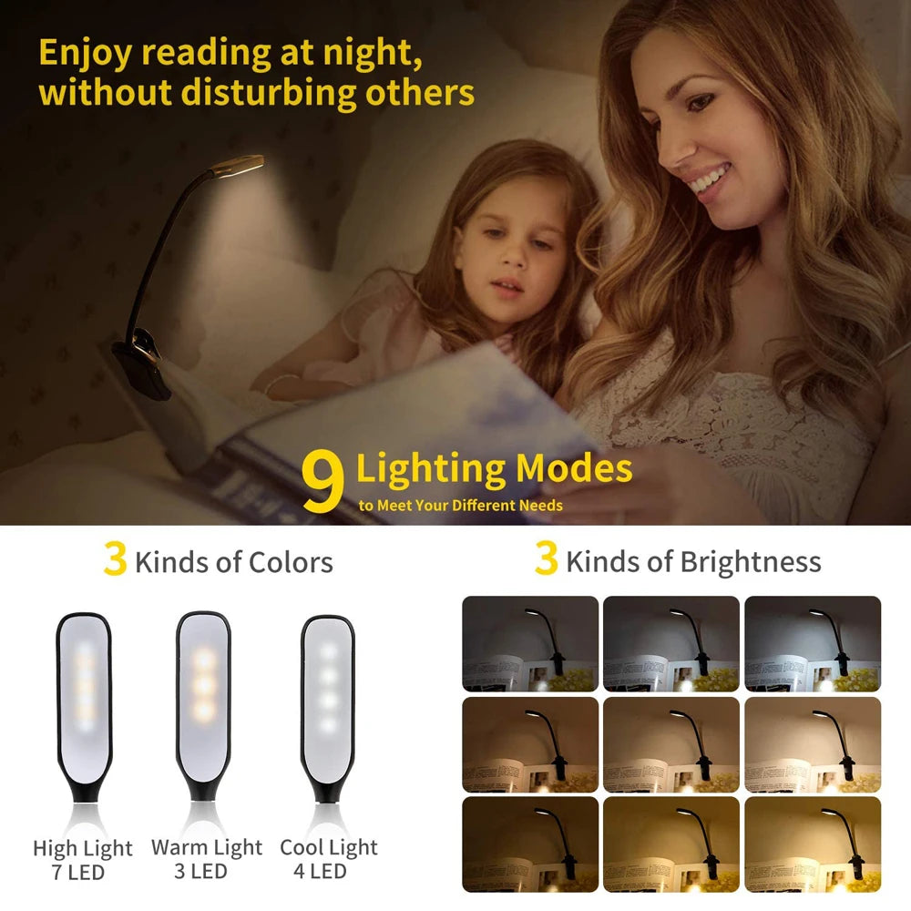 Lampe de lecture rechargeable USB à 7 LED, 3 niveaux de lumière blanche chaude et froide, portable, flexible, facile à clipser, lampe de lecture nocturne 