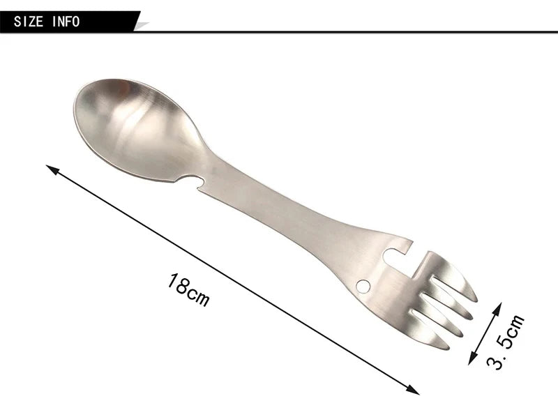 Outils de survie en plein air Kit EDC multifonctionnel de camping 5 en 1 Fourchette pratique Couteau Cuillère Ouvre-bouteille/boîte 