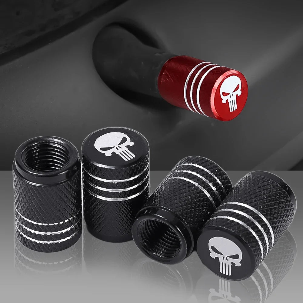 New 4pcs/pack Aluminum Alloy Valve Core Cover Creative Skull Head Logo Car Tire Valve Caps -with Sealant Pad Accessories Tools