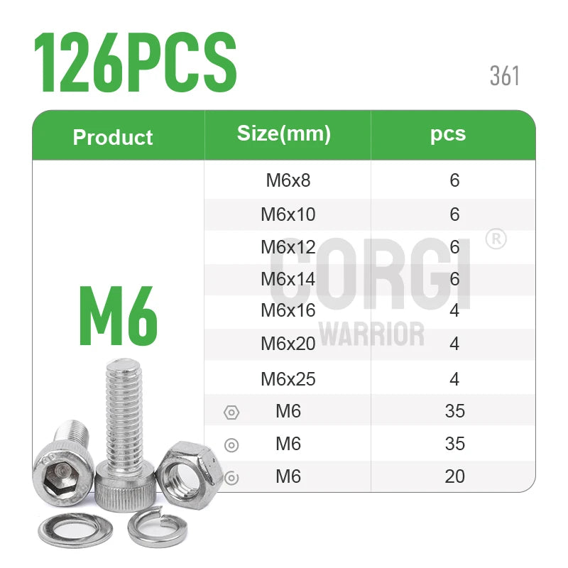 M2 M2.5 M3 M4 M5 M6 Hex Socket Head Cap Set Allen Screw Kit 126-1080P DIN912 304 Stainless Steel Screw Nut Bolt Assortment Set