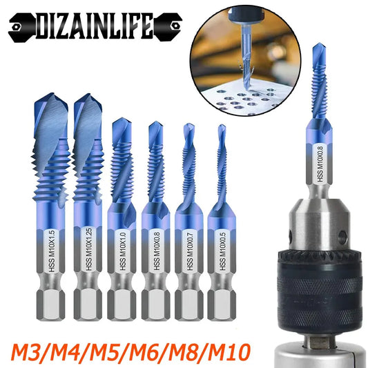 6pcs M3M10 Screw Tap Drill Bits Hss Tap Counter Sink Deburr Metric High Speed Steel 1/4 IN Quick Change Hex Tool For Woodworking - ToolFlx