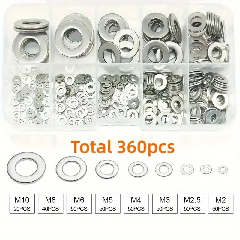 360/580pcs 304 Stainless Steel Flat Washers Set, Perfect For Home Decor, Factory Repair, Kitchens, Shops & More