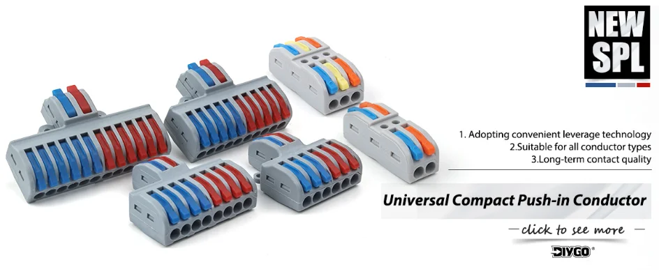 Quick Electrical Connectors Universal Compact Push-in Conductor SPL Splitter Wiring Cable Connector Butt Terminal Block AWG28-12