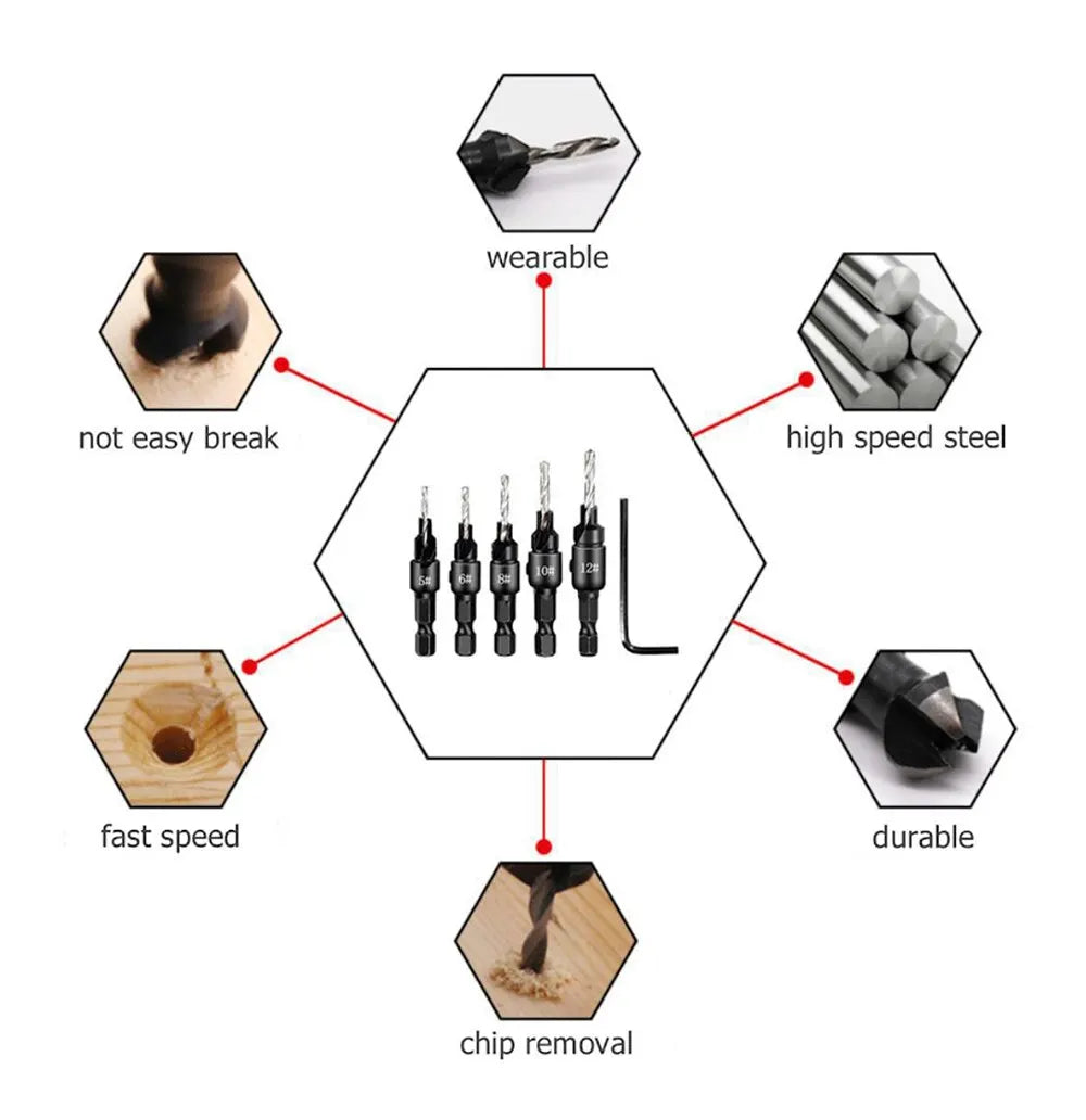 5PCS Woodworking Countersunk Head Drill And Chamfering One Piece Hexagonal Handle Countersunk Fried Dough Twist Drill