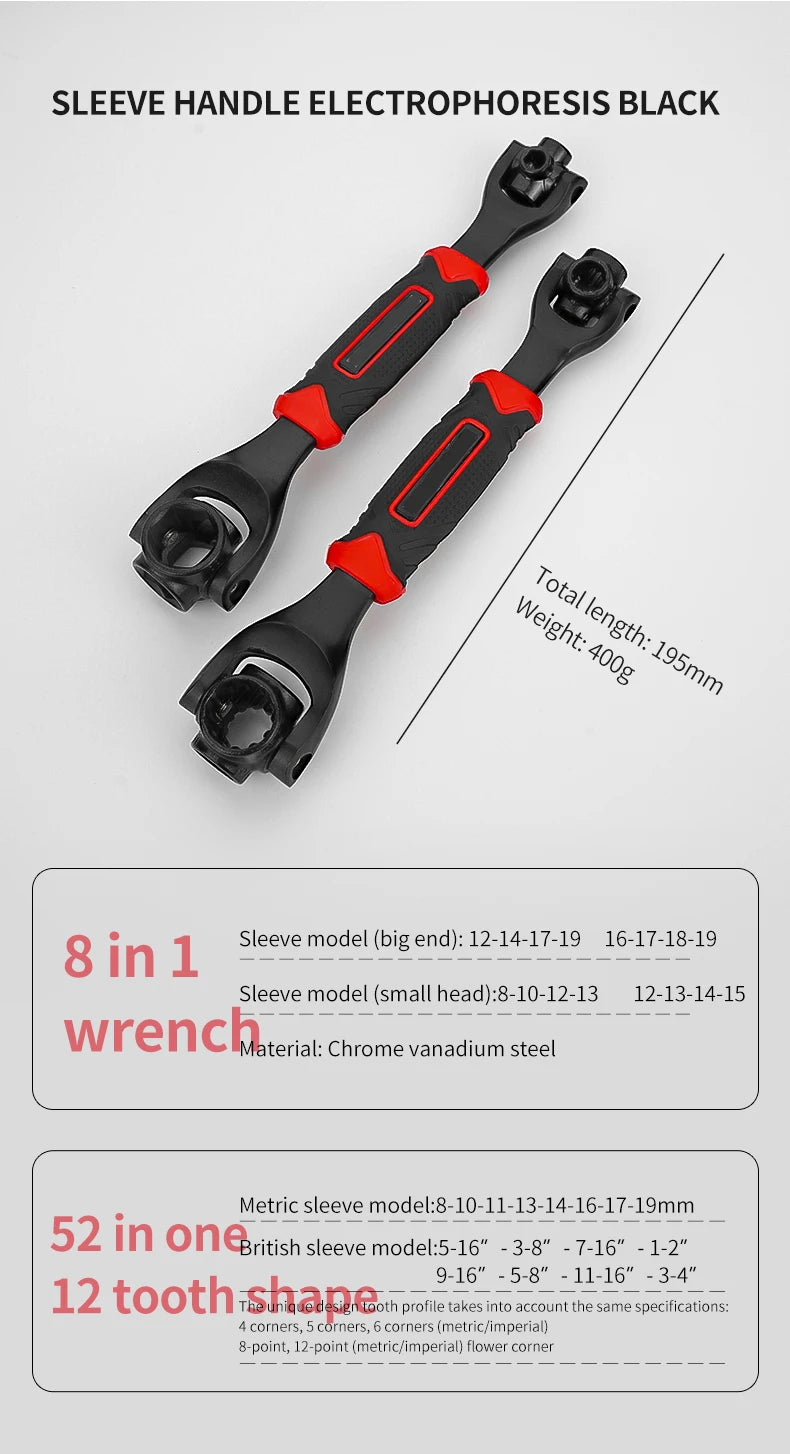 8 in 1 Tools Socket Works Universal Ratchet Spline Bolts Sleeve Rotation Hand Tools 360 Degree Multipurpose Tiger Wrench