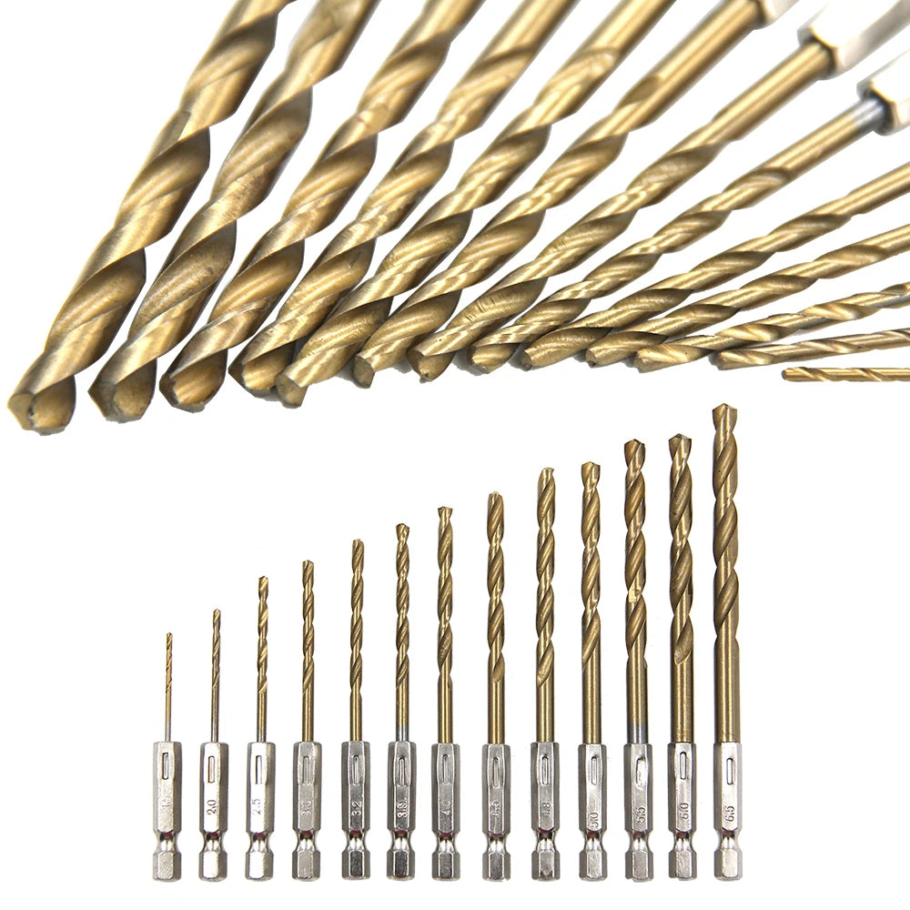 Hexagonal Handle 13pc Titanium Plated Fried Dough Twists Drill 1.5-6.5mm Electric Drill Screwdriver Drilling Reaming Drill Tool