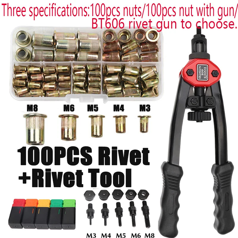 100 pièces écrou à rivet + pistolet à écrous à rivets filetés à la main BT606 M3 M4 M5 M6 M8 pistolet à riveter manuel à double insertion outil de rivetage à rivets à écrou 