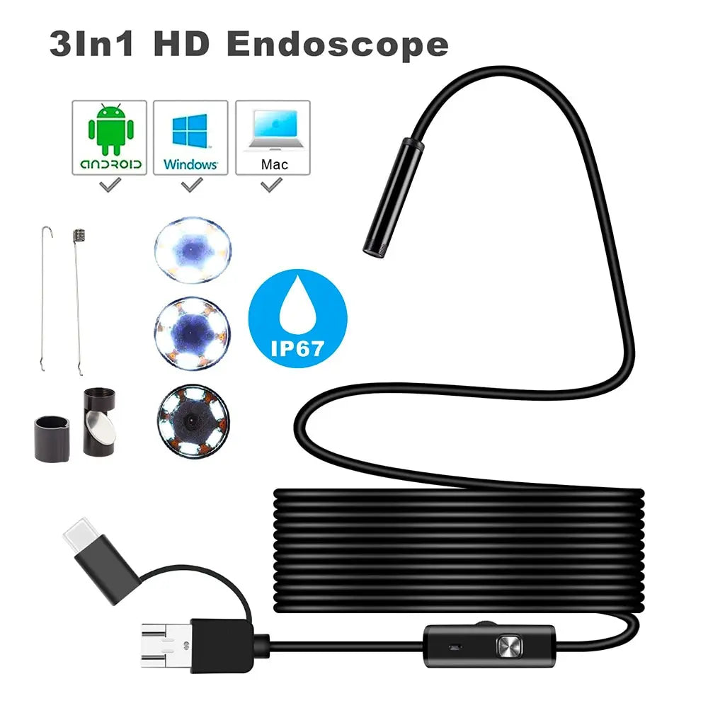 7MM Android Endoscope Camera 3 IN1 Micro USB Type C Borescope Mini Camera Waterproof LED Car Inspection For HUAWEI XIAOMI PC - ToolFlx