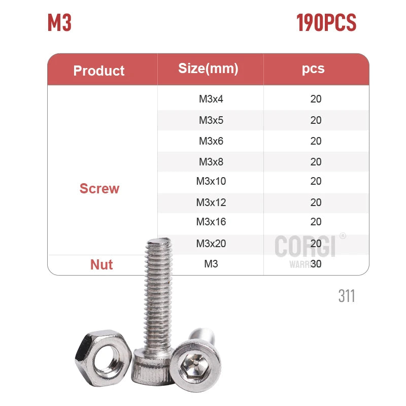 100-720 Pcs Hex Socket Head Cap Machine Screws Kit M2 M2.5 M3 M4 M5 Stainless Steel Allen Bolts Nuts Assortment Set with Wrench