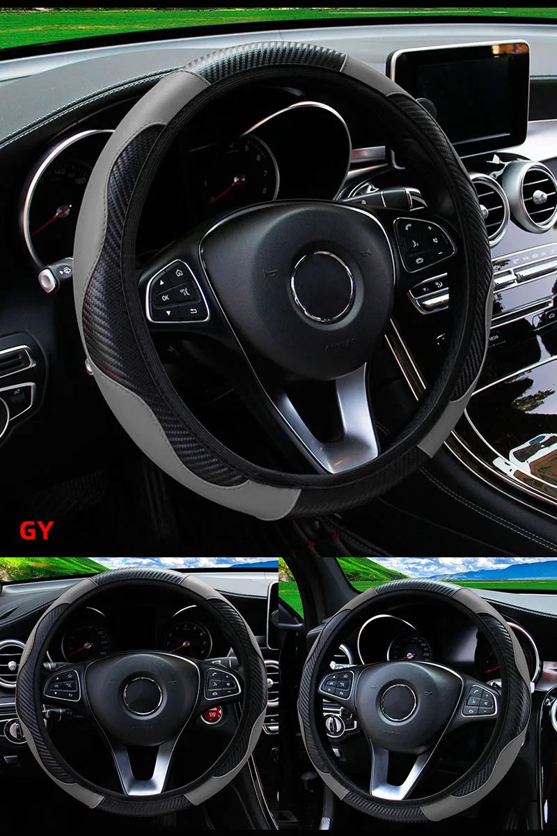 Car Steering Wheel Cover Breathable Anti Slip PU Leather Steering Covers Suitable 37-38.5cm Auto Decoration Carbon Fiber